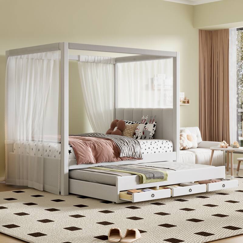 Twin Size Canopy Bed Upholstered Platform Bed Single Bed with Pull Out Twin Trundle and 3 Drawers, Beige Linen Upholstered