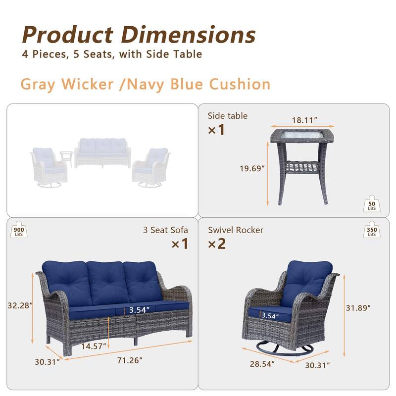 High Back 4-Piece Outdoor Wicker Patio Furniture Seating Sofa Set with Swivel Chairs