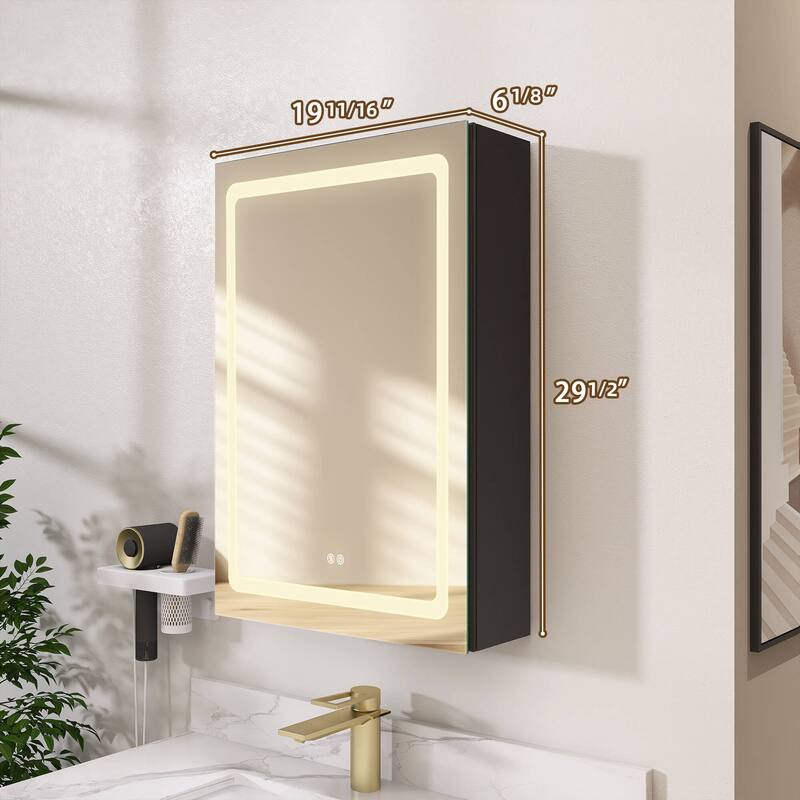 ZEAFIVE LED Black Bathroom Medicine Cabinet Surface Mount Defog Medicine Cabinet 3 Lights Dimmable
