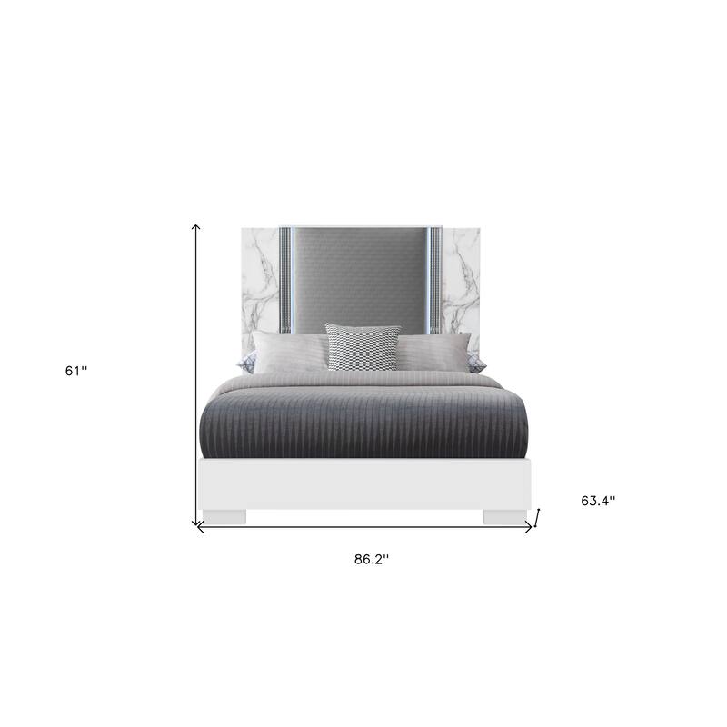 HomeRoots White and Gray Faux Marble And Upholstery Lighted Queen Bed Frame