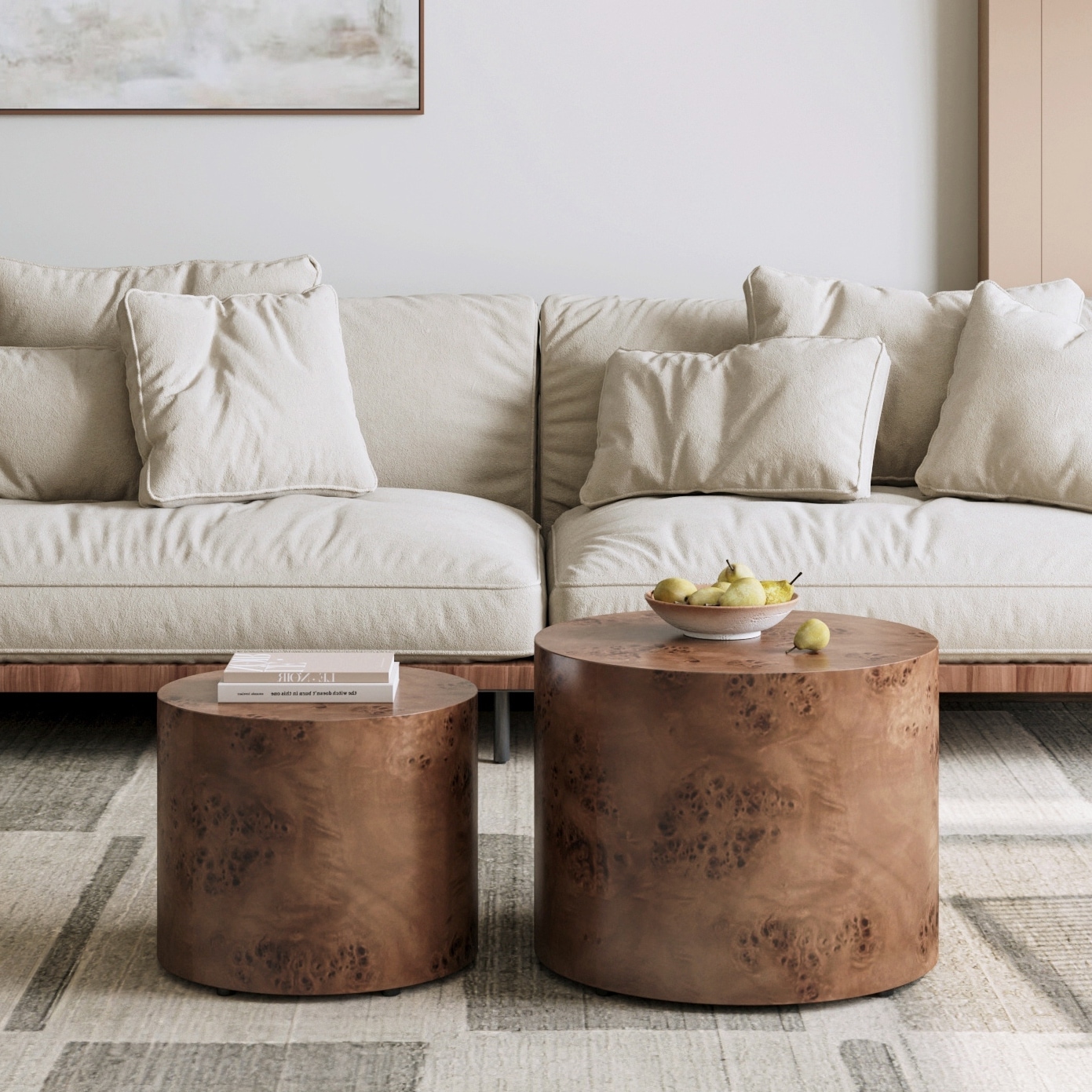 Rustic Nesting Table Dark Brown Coffee Table Set of 2, Accent Table Drum Side Table Round Sofa Table Center Table
