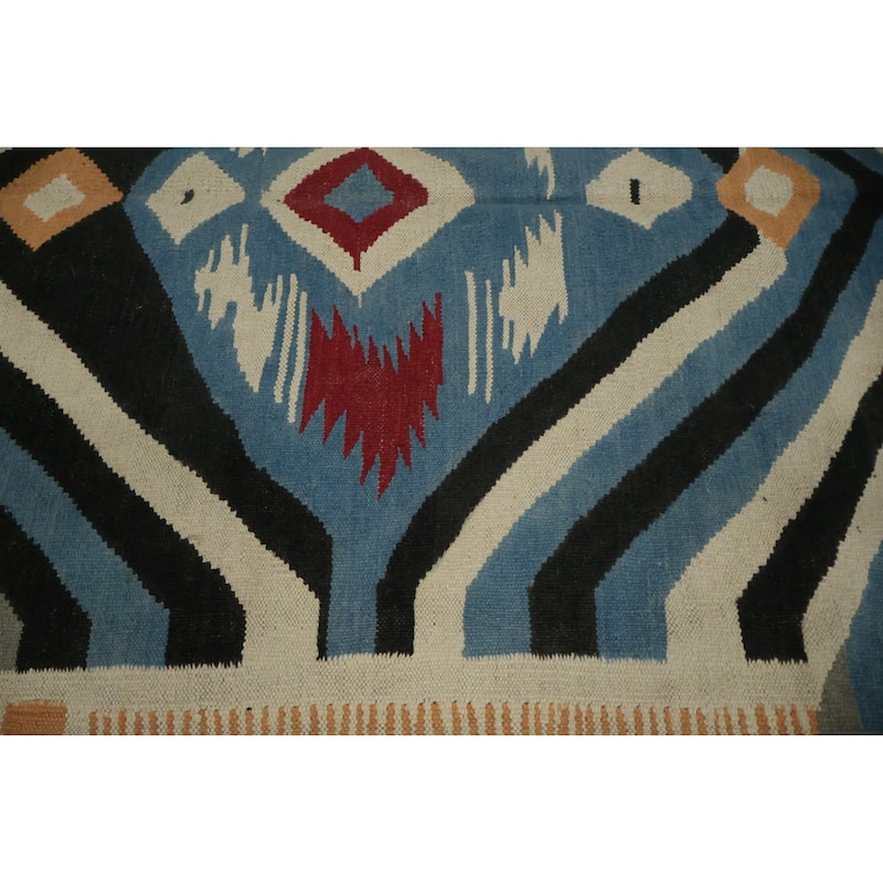 Hand Woven Oriental 100% Wool Carpet Southwestern Tribal Navy Blue & Blues Kilim Area Rug - 9' 8'' X 8' 3''