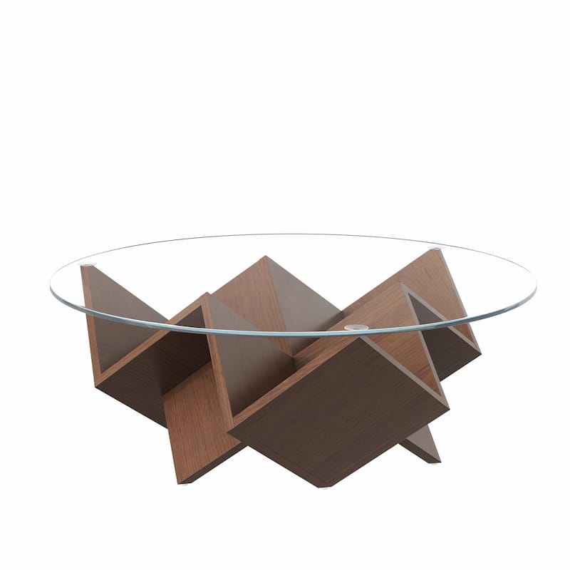Round Coffee Table with Glass Top and Geometric Abstract Art Deco Base - Walnut, 35.4" with Storage Shelves