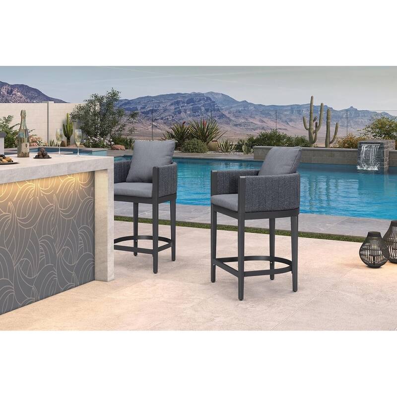 PURPLE LEAF Bar Stool Set of 2 Outdoor Rattan Bar Chair with Back Metal Bar Height Stool Wicker Barstool Dark Grey