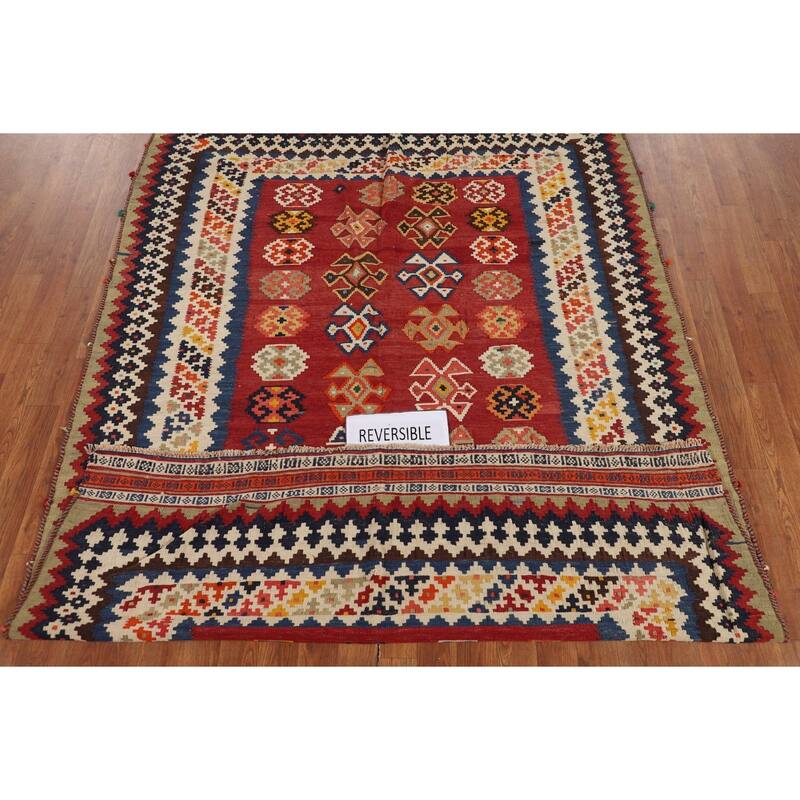 Red Kilim Qashqai Persian Vintage Rug Flatweave Geometric Wool Carpet - 5'4"x 7'7"