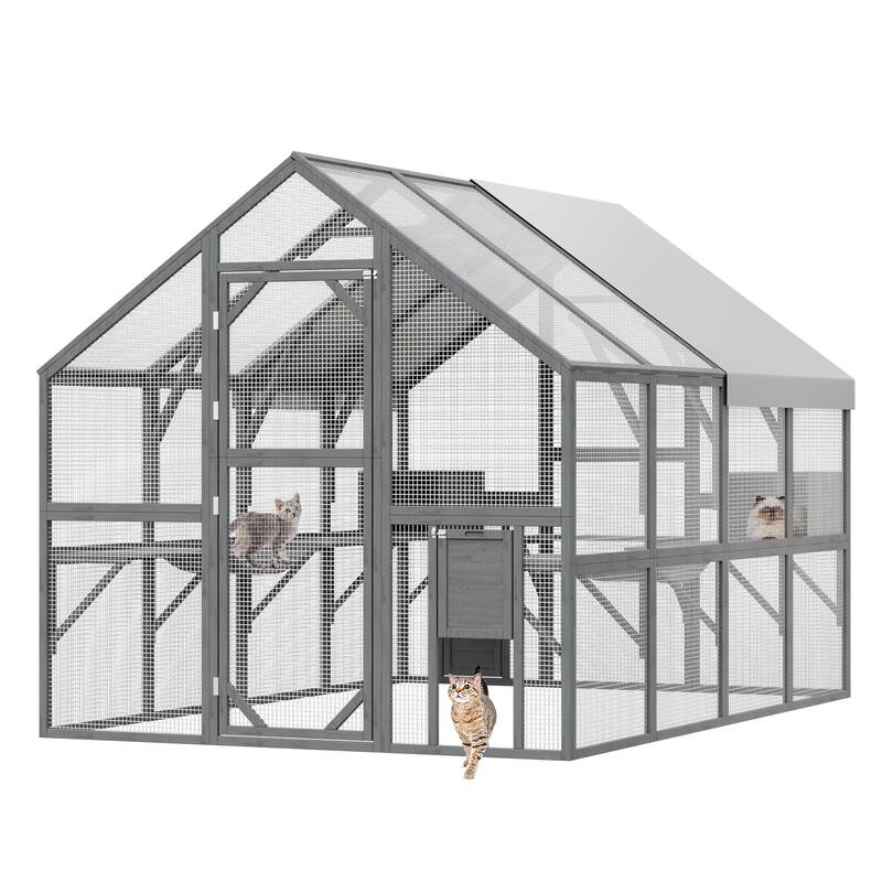 57.2ft² Large Wooden Outdoor Cat House, with 2 Cat Doors, Roof Cover - 57.2ft²