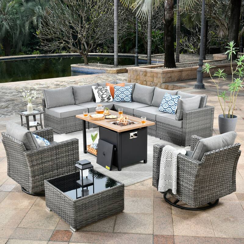 OVIOS Deep Seat Wicker 11-piece Sectional Set Swivel Chairs Fire Pit - Dark Grey