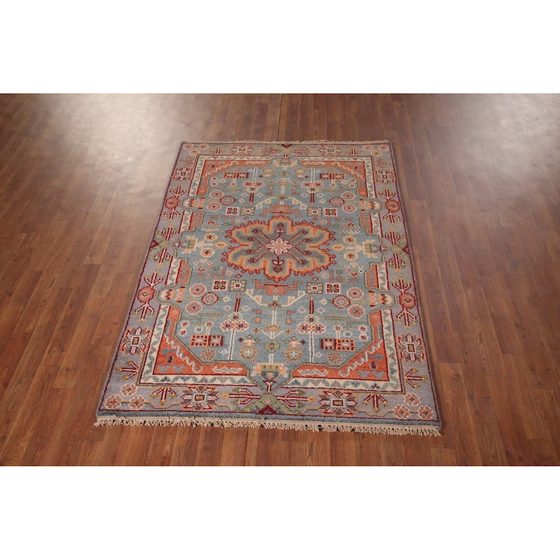 Geometric Kazak Indian Area Rug Hand-Knotted Wool Carpet - 4'0"x 5'9"