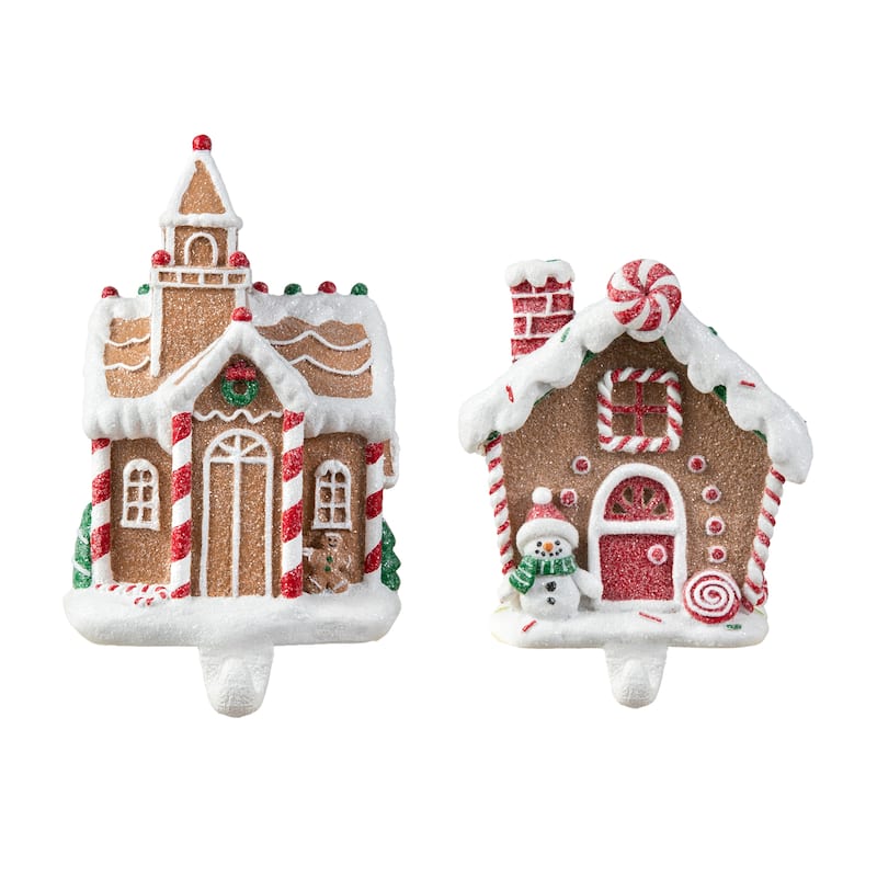 Glitzhome 7.75"H Set of 2 Resin Gingerbread House Stocking Holders