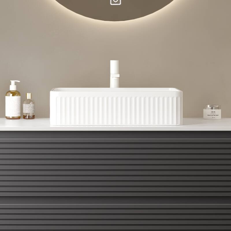 20" Bathroom Sink, Rectangular Striped Vessel Ceramic Basin without Faucet, NO Cabinet