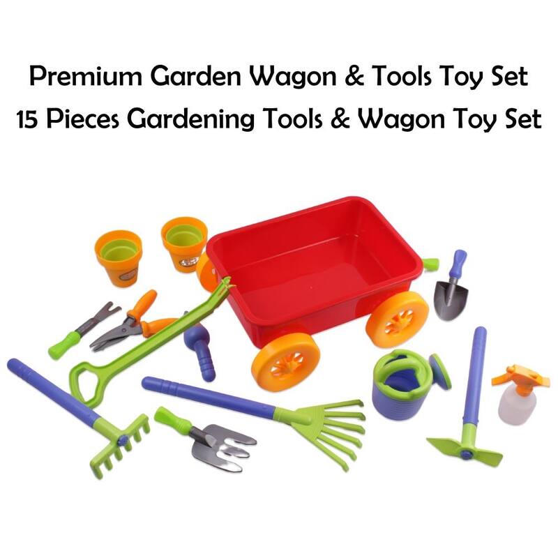 Dimple Garden Wagon & Tools 15-Piece Play Set – Outdoor Toy Gardening Kit for Toddlers and Kids, Sandbox, or Beach Play, Ages 3+