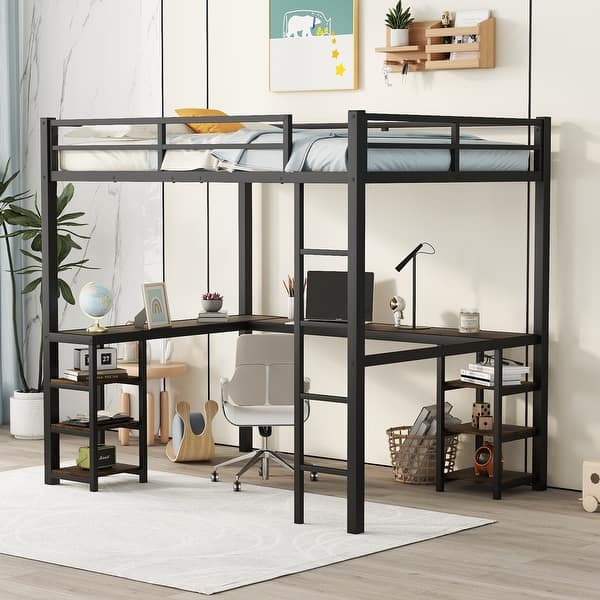 slide 2 of 27, Full Size Metal Loft Bed with Desk and Shelves Black