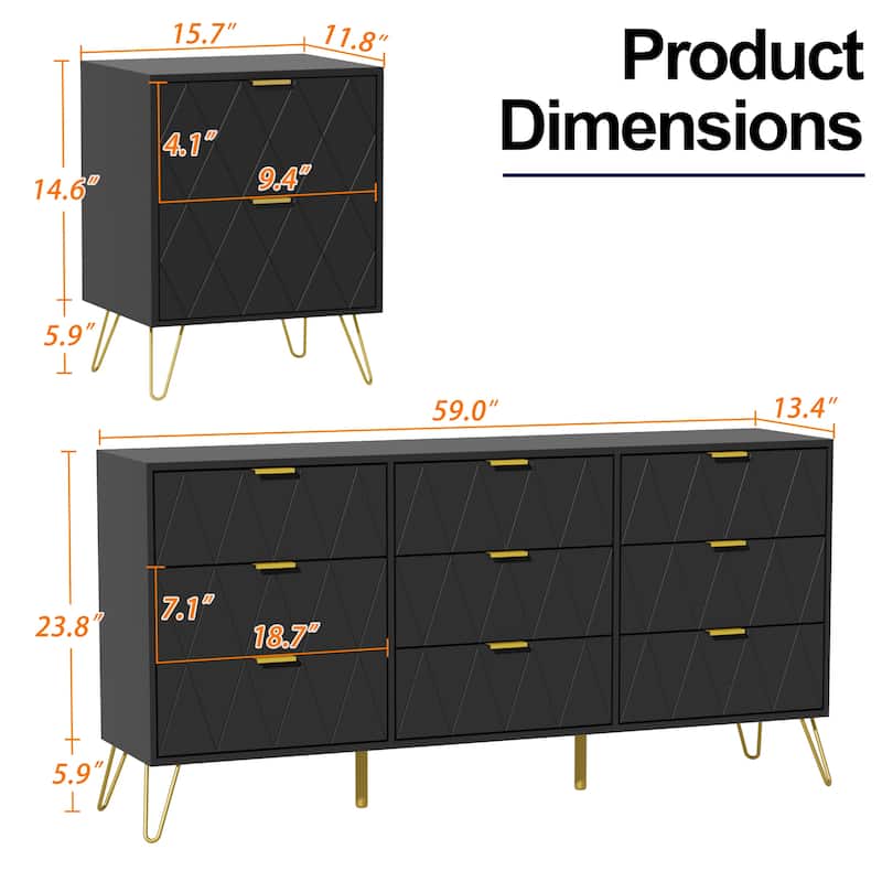 9 Drawer Dresser and Night Stand Sets for Bedroom Set of 2