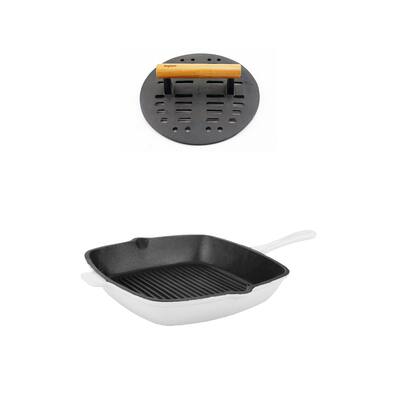 Neo 2pc Cast Iron Set 11" Grill Pan & with Slotted Steak Press White