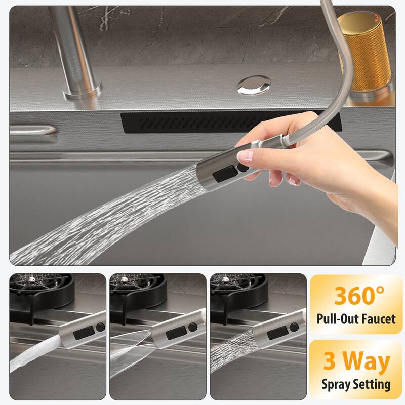 Kitchen Drop In Waterfall Sink Workstation Pull Out Faucet 2 Sizes