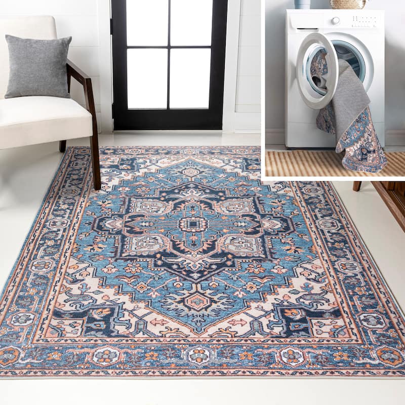 JONATHAN Y Victoria Ornate Large Medallion Machine Washable Area Rug - 2 X 8 - Blue/Beige