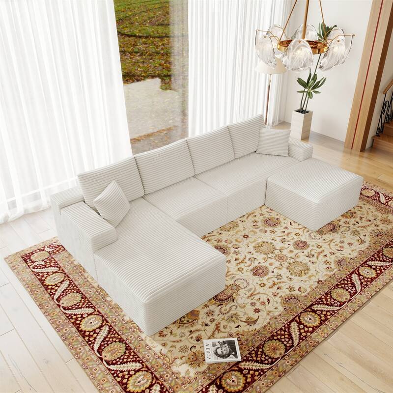 Roomfitters 131.9" Modular Sectional Sofa, 4-Piece Compressed Cloud Couch, No Assembly Required, Plush Corduroy, White