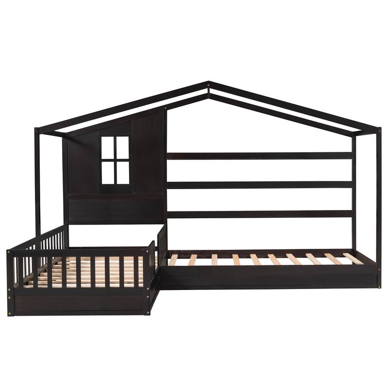 L-Shaped Twin Size Wood Platform Bed Creativity House Bed, 2 Twin Solid Bed with Fence and Slatted Frame