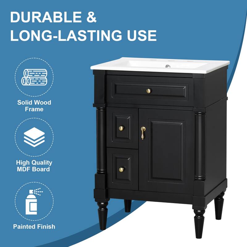 Roomfitters 24" Bathroom Vanity with Sink, Solid Wood Frame, Flip Drawer, 2 Drawers & Door Rack