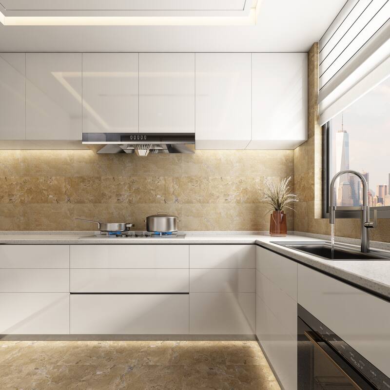 Roomfitters Gold Yellow Beige Natural Marble Tile, Polished Stone for Floor & Wall, Genuine Marble, 4-Piece Box