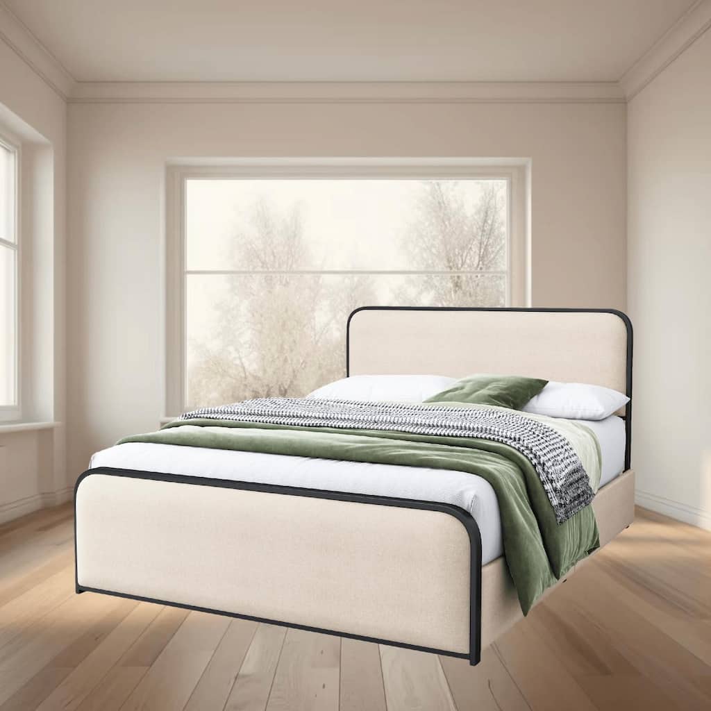 Modern Metal Platform Bed with Curved Upholstered Headboard, 4 Storage Drawers, Heavy Duty Slats, Queen and King Sizes