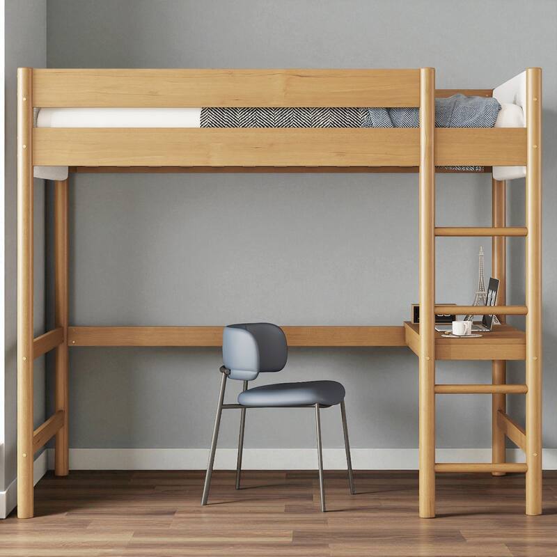 Twin Size Loft Bed with Built-in Desk and Boucle Upholstered Headboard, Solid Rubber Wood Loft Bed with Ladder and Guardrails