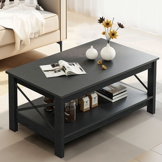 Moasis Farmhouse Coffee Table with Shelf, 2-Tier Center Table for Living Room