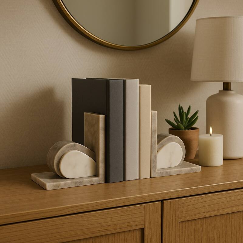 Modern Onyx and Marble Bookends - Set of 2, 6", Beige & Ivory - 6.0"