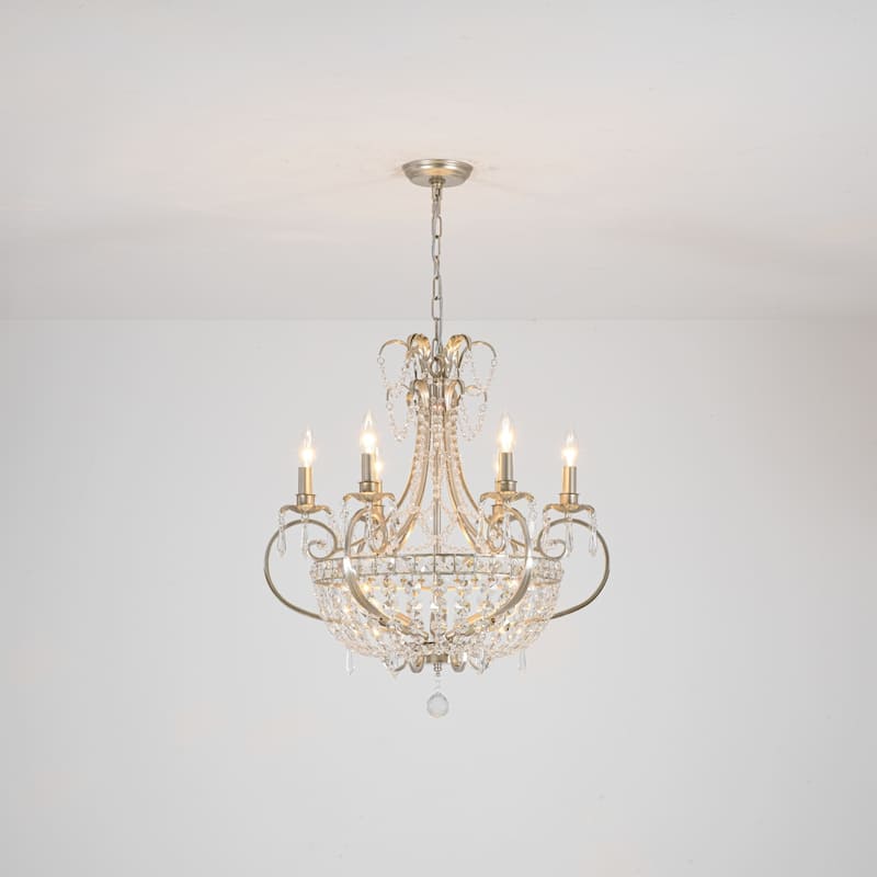 9-Light 24.4" W Crystal Chandelier in Antiqued Brushed Silver with Teardrop Pendants for Use in Living Room - Clear/Silver - 24.4 in. W x 26.4 in. H x 24.4 in. D