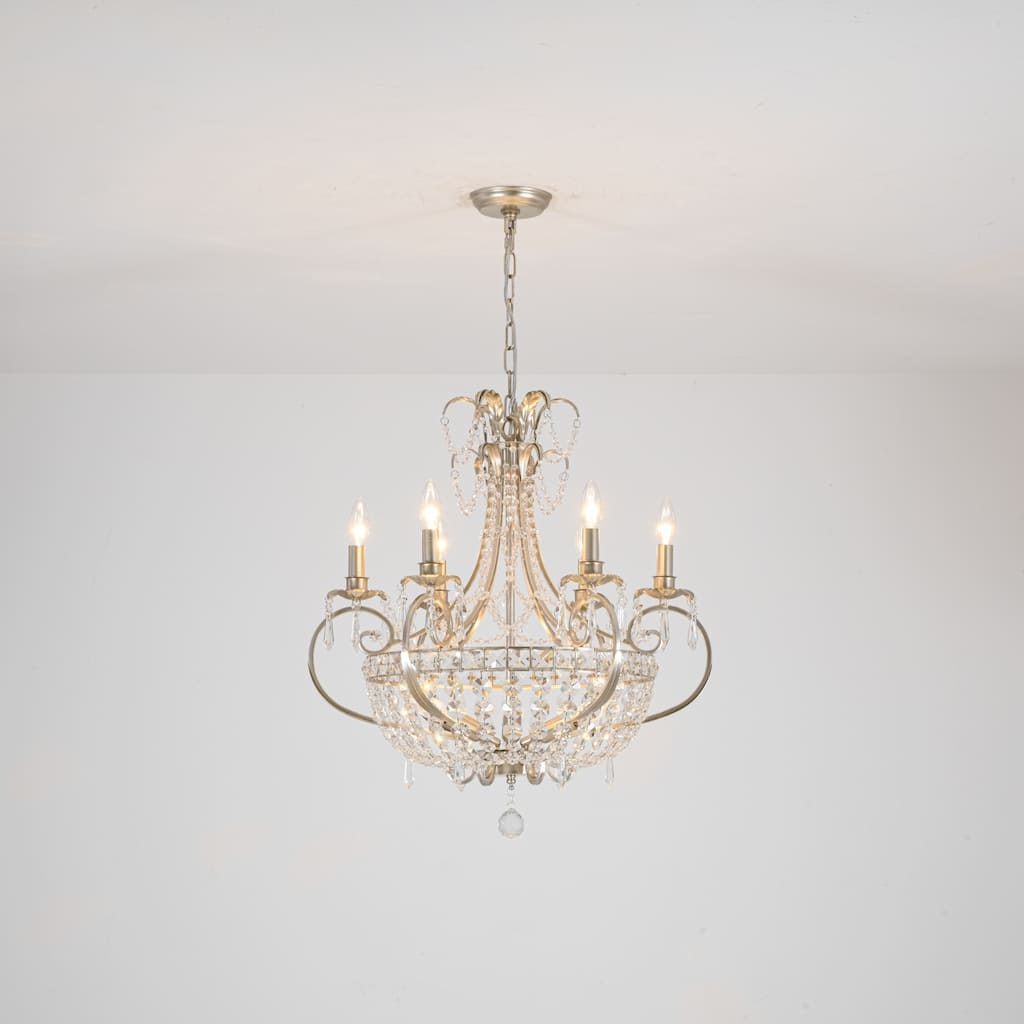 9-Light 24.4" W Crystal Chandelier in Antiqued Brushed Silver with Teardrop Pendants for Use in Living Room