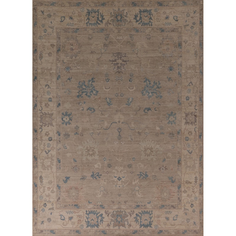 Vegetable Dye Oushak Area Rug Hand-Knotted Beige Floral Wool Carpet - 8'2" x 10'0"
