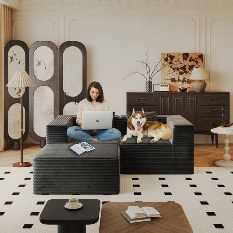77.17" Sectional Couches for Living Room, Boneless L Shaped Cloud Couch with Ottoman, Modern Corduroy Deep Seat Floor Sofa