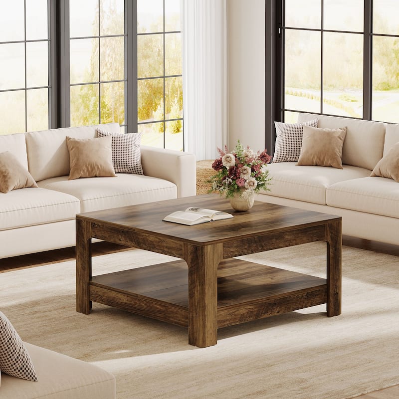 Farmhouse Wooden Square Coffee Table with 2-Tier Storage