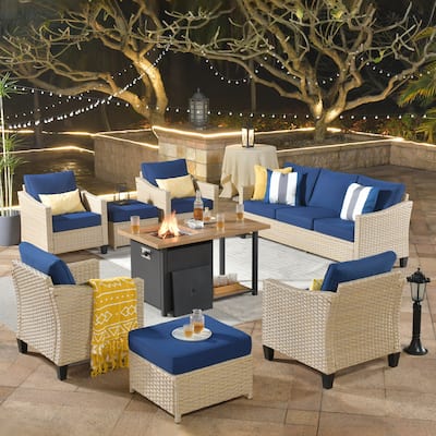 HOOOWOOO 8-piece Patio Wicker Rattan Conversation Set with Multifunctional Fire Pit Table