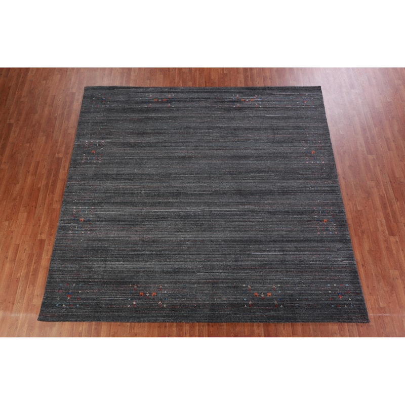 Hand Knotted Oriental 100% Wool Carpet Tribal Stripe Greys & Charcoal Gabbeh Area Rug - 9' 6'' X 9' 9''