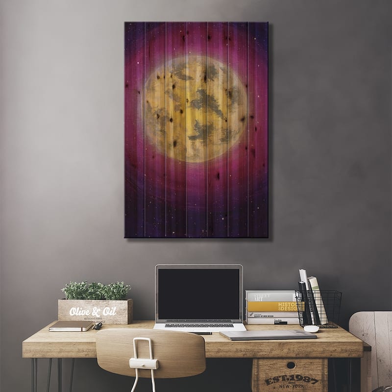 Big Moon In Pink Purple Starry Sky Print On Wood by Valery Rybakow - Multi-Color
