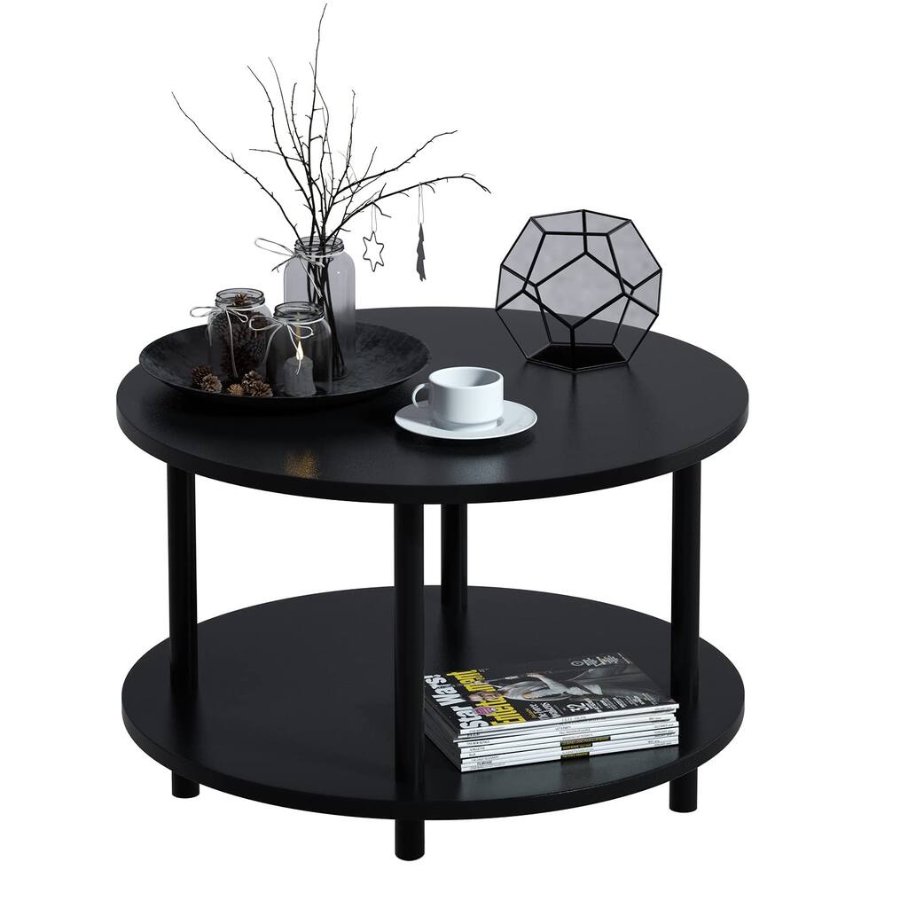 Small Round Coffee Table with Open Storage for Small Space, 23.5" Black 2-Tier Wooden Center Table for Living Room, Metal Legs