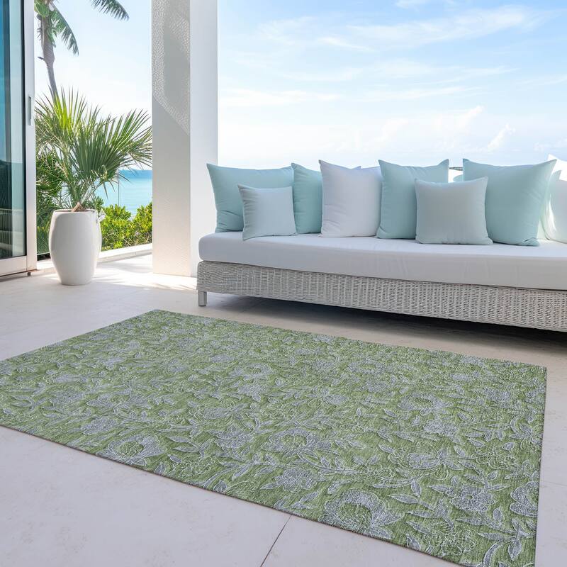 Machine Washable Indoor/ Outdoor Chantille Floral Rug - Olive - 3' x 5'