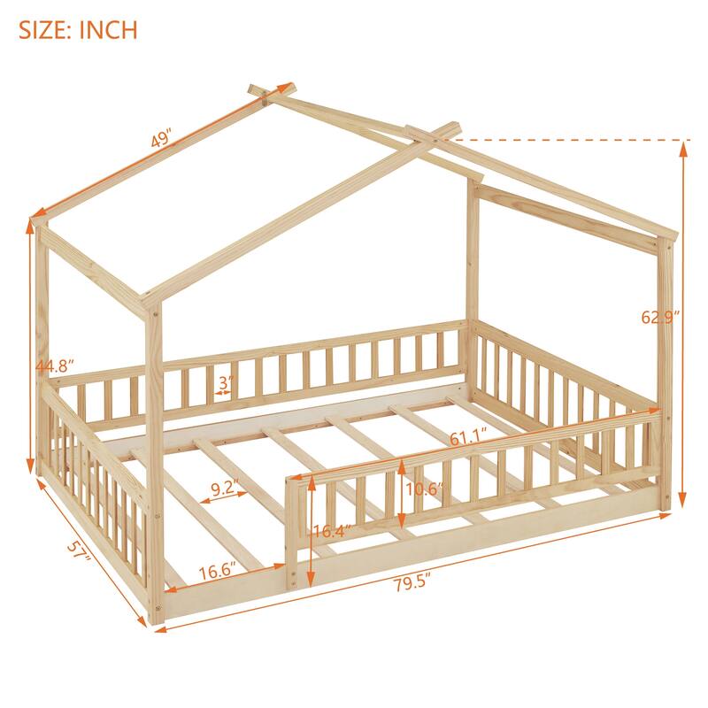 Wooden House Bed Frame with Slat Support, Classic Kids Playhouse Bed with Roof and Fence