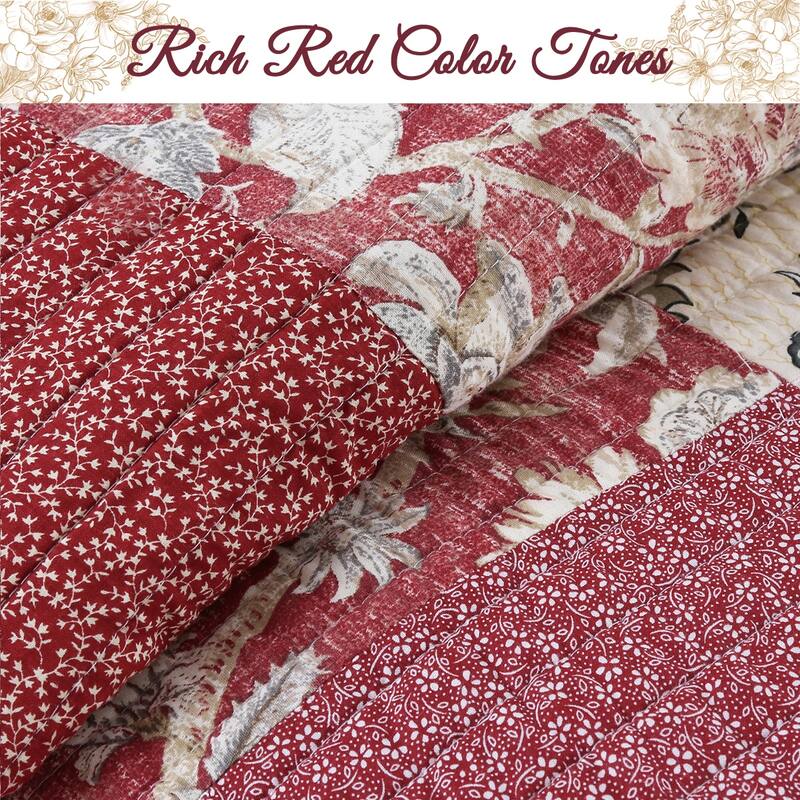 Cozy Line Thalia Real Patchwork 3 Piece Red Reversible Cotton Quilt Bedding Set