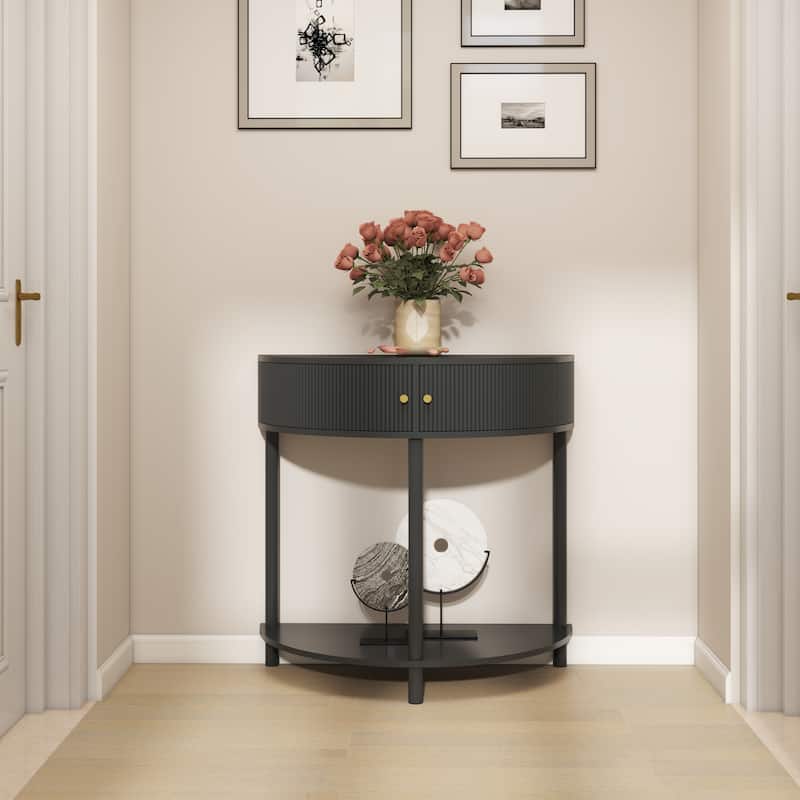 Artisan-Crafted Demi-Lune Console Table,Unique Half Moon Design End Table with 2 Drawers and Shelf
