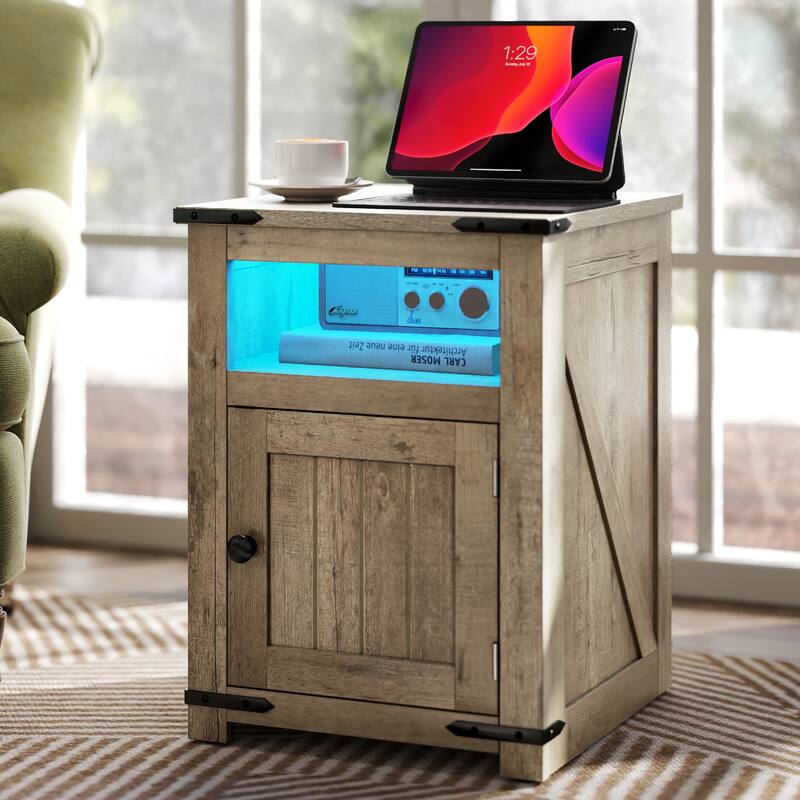 Moasis Farmhouse 3-tier Chairside End Side Table with LED and Charging Station USB Ports - Oak