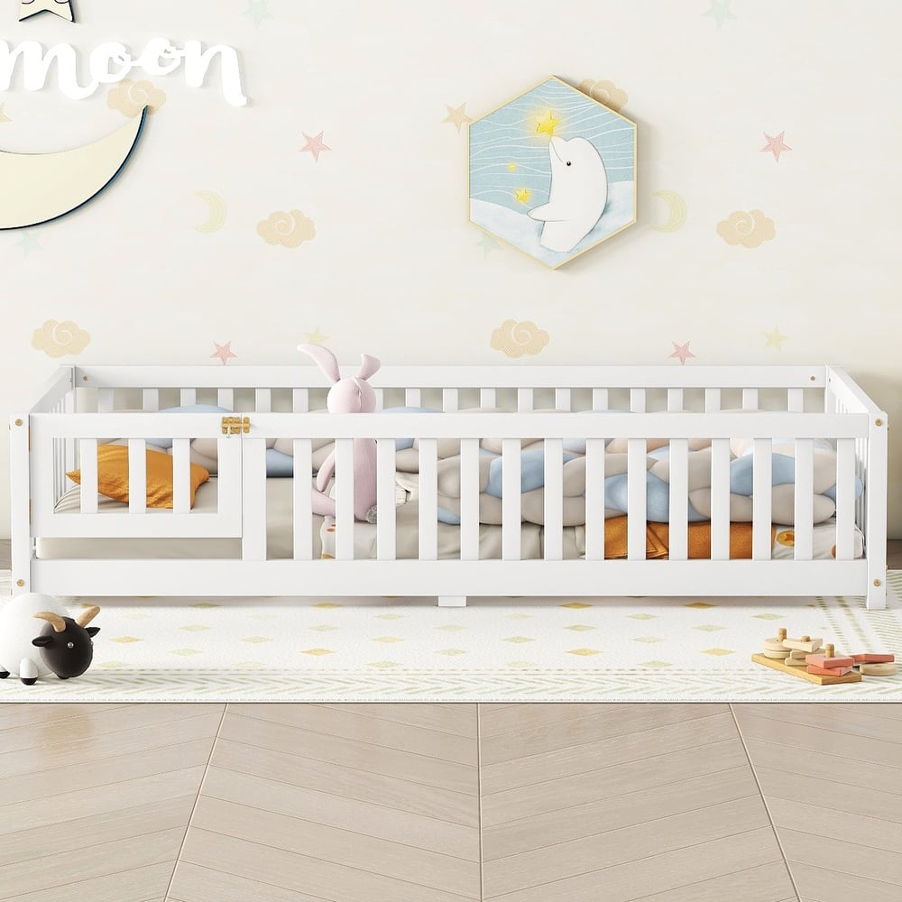 Wood Low Floor Bed Frame with Fence Guardrails,Platform Bed for Kids