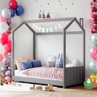 Twin Size Velvet House Bed Wood Bed With Strips on Headboard for Home