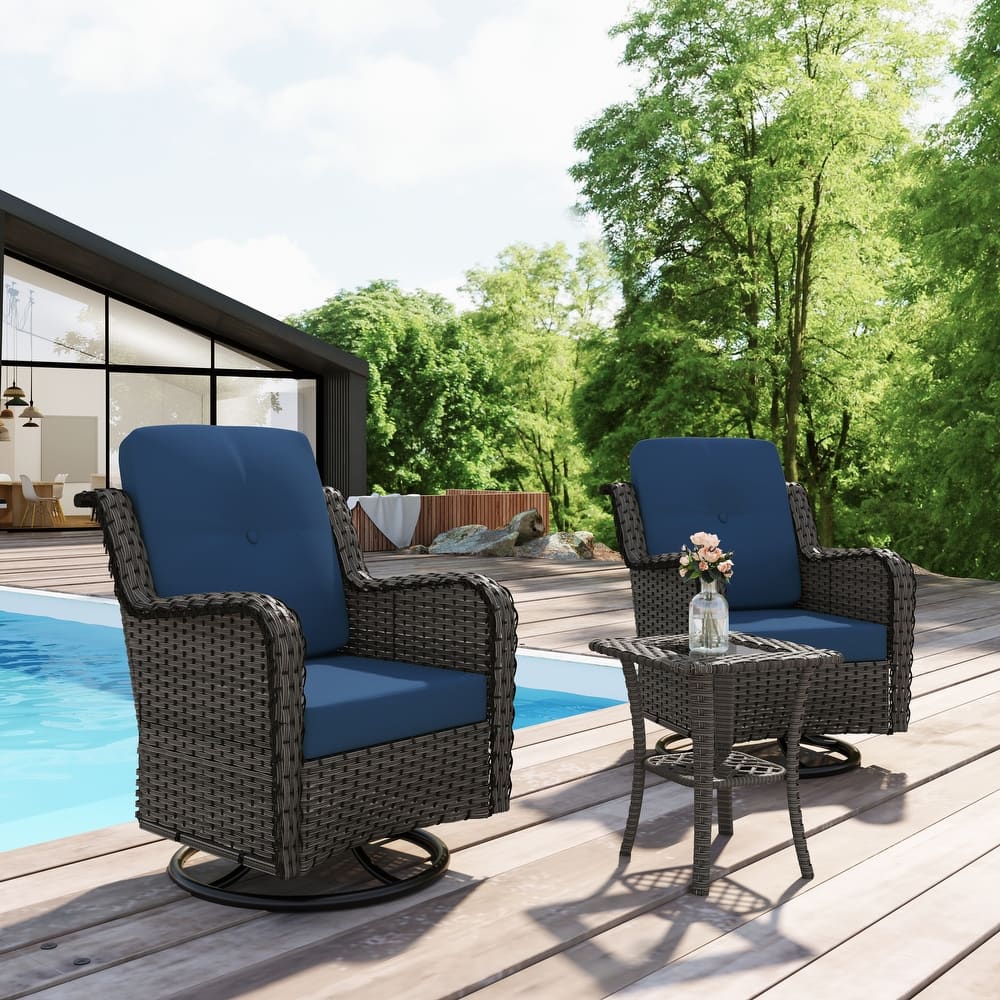 Outdoor 3 Pieces Rattan Wicker Bistro Set Swivel Rocker With Cushion & Table