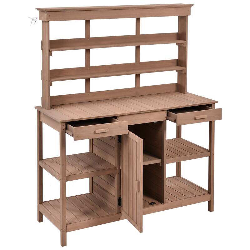 Outdoor Garden Potting Bench Table Workstation Planting Bench with 2 Drawers, Cabinet and Open Shelves for Backyard, Mudroom