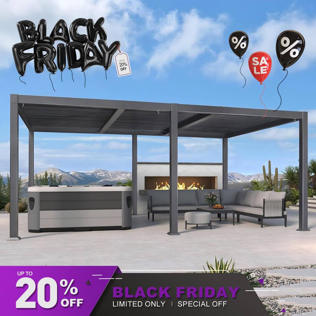 PURPLE LEAF Grey Louvered Sun Shade Pergola - Adjustable Metal Roof for Patio Hardtop Pergola