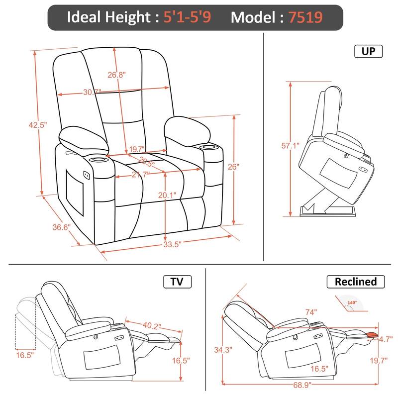 MCombo Power Lift Recliner Chair with Massage and Heat for Elderly, Extended Footrest, USB Ports, Faux Leather(Medium)