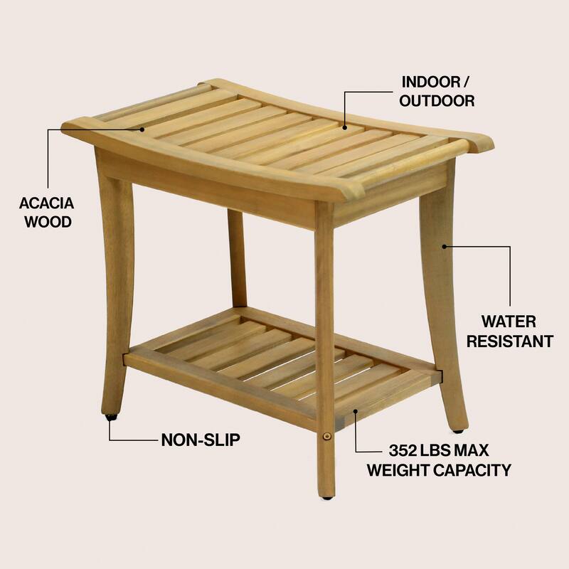 Tucker 22.1" Slatted Acacia Wood Indoor/Outdoor Shower Bench w/ Shelf & Handle, By JONATHAN Y - 22.1L x 12.99W x 18.5H