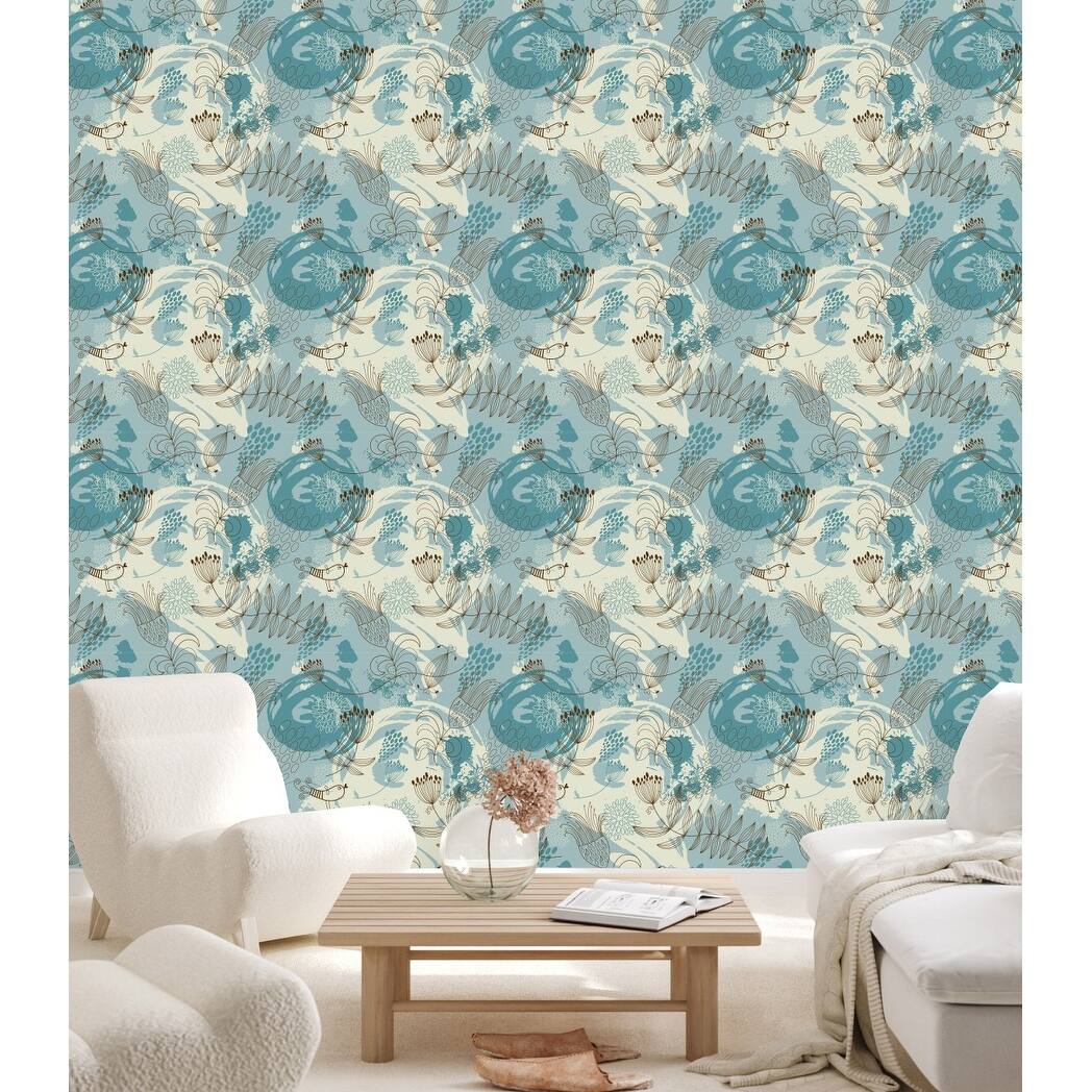 Blue Wallpaper with Birds and Flowers Peel and Stick and Prepasted